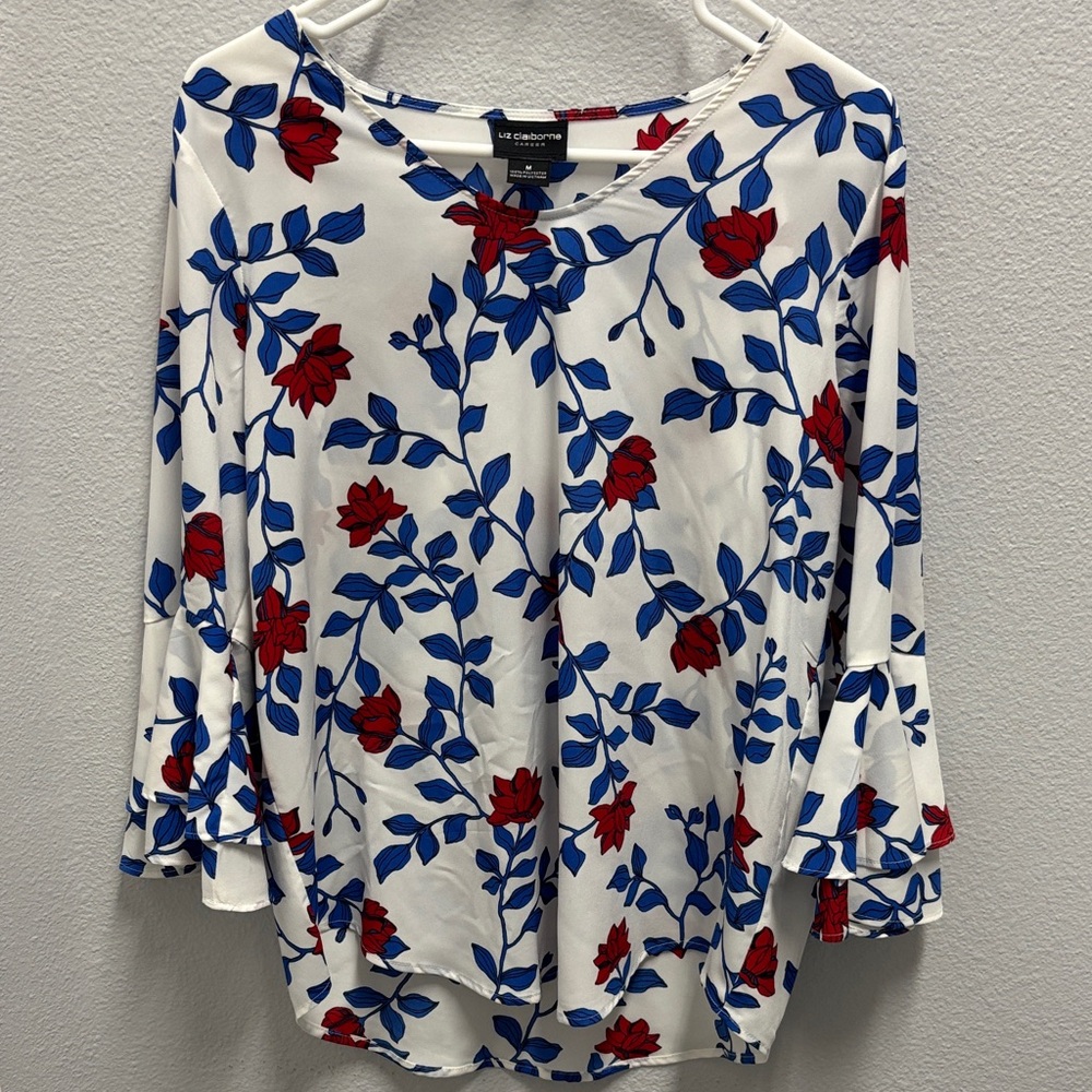 Liz Claiborne White Floral Bell Sleeve Blouse - Red & Blue- Size M